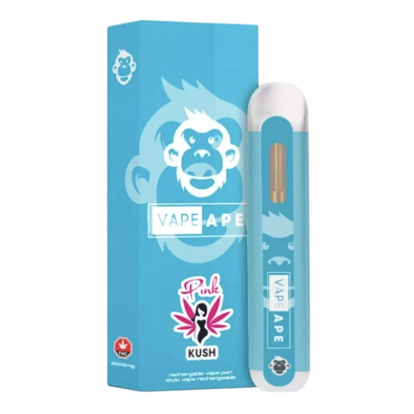 Vape pen and box with blue background, featuring a monkey logo and pink accents.
