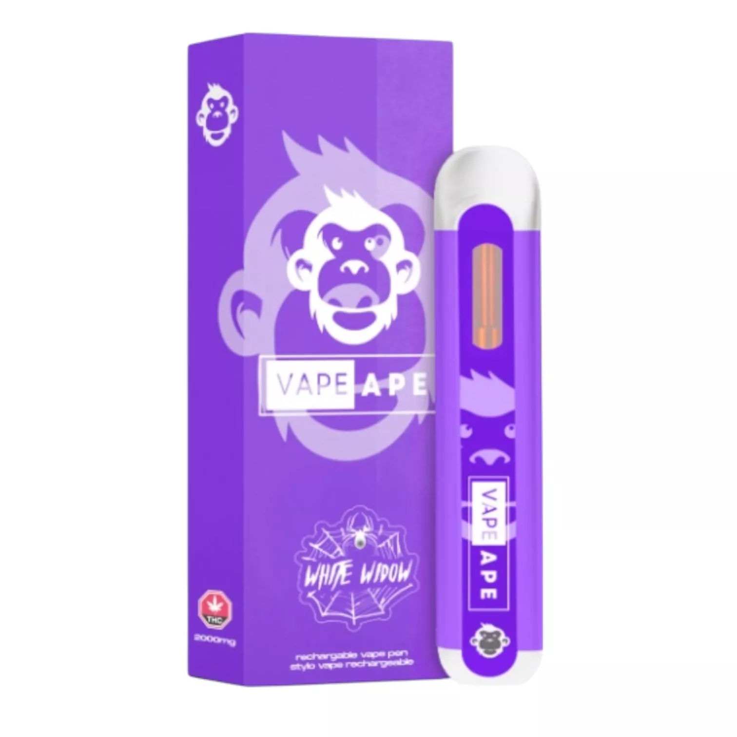 Purple vape pen and box featuring a monkey logo and white widow label.