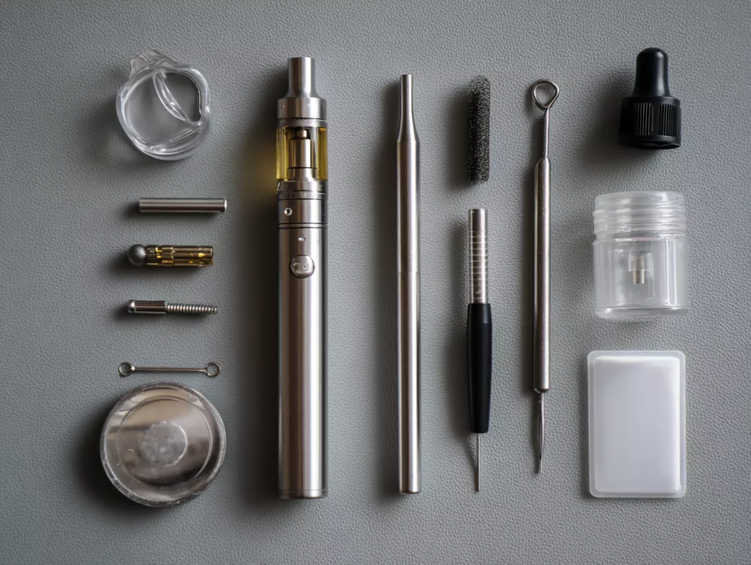 Vape pen components and maintenance tools arranged on gray surface for assembly or repair.