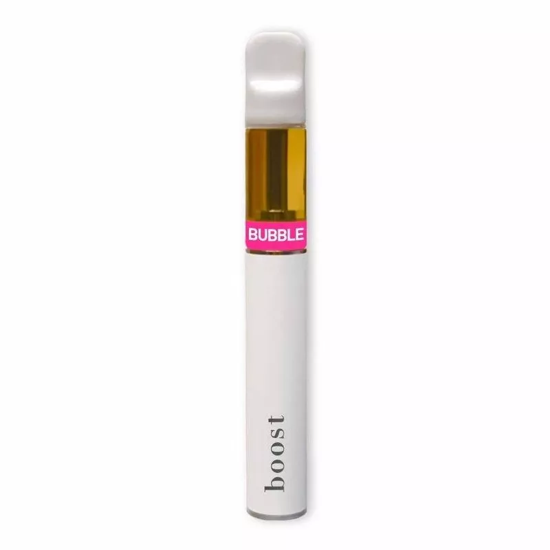 Sleek vape pen with transparent chamber, pink BUBBLE label, and golden e-liquid.