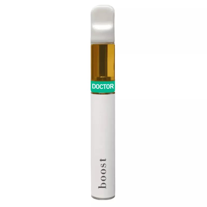 White vape pen with boost and DOCTOR branding, sleek design, visible oil cartridge.