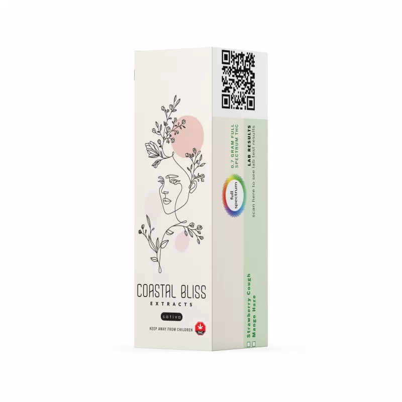 Coastal Bliss Sativa Extract with Strawberry Cough flavor in minimalist pastel packaging.