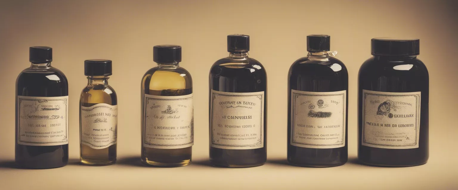 Collection of vintage apothecary bottles with labeled tinctures and extracts on beige background.