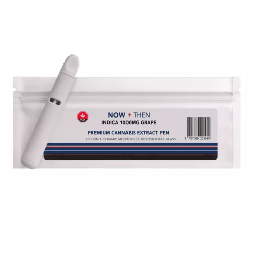 Cannabis extract pen beside a sealed pouch labeled indica 1000mg grape.