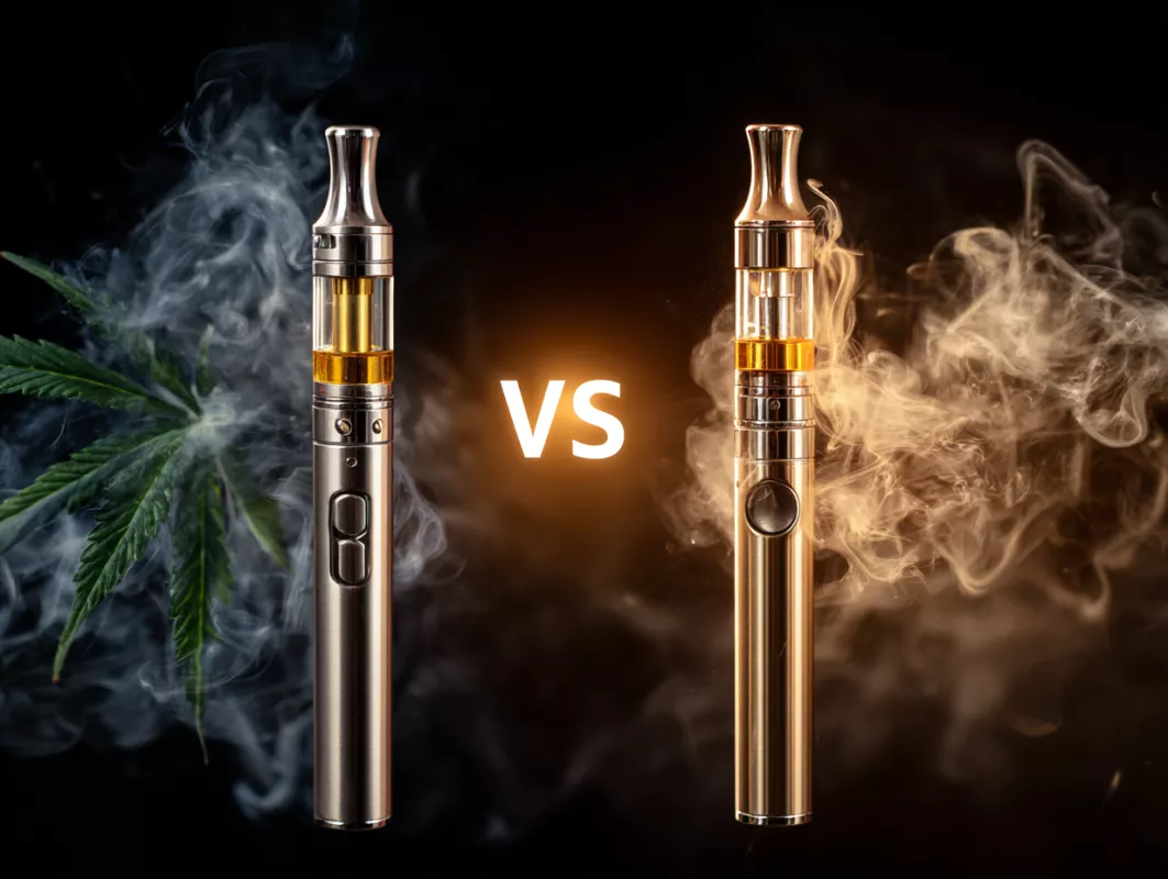 Vape pen comparison: stainless steel vs. gold, cannabis focus, smoke effects, luxury appeal.