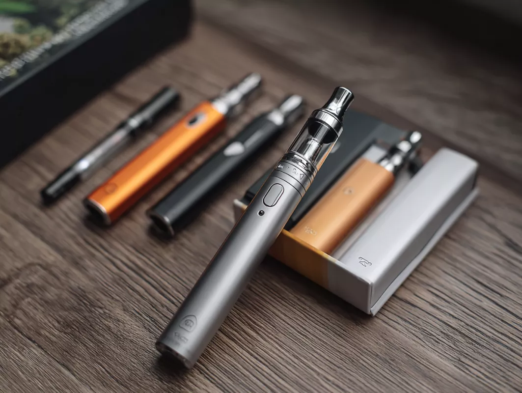A collection of stylish vape pens on a wooden table with metallic and colorful designs.