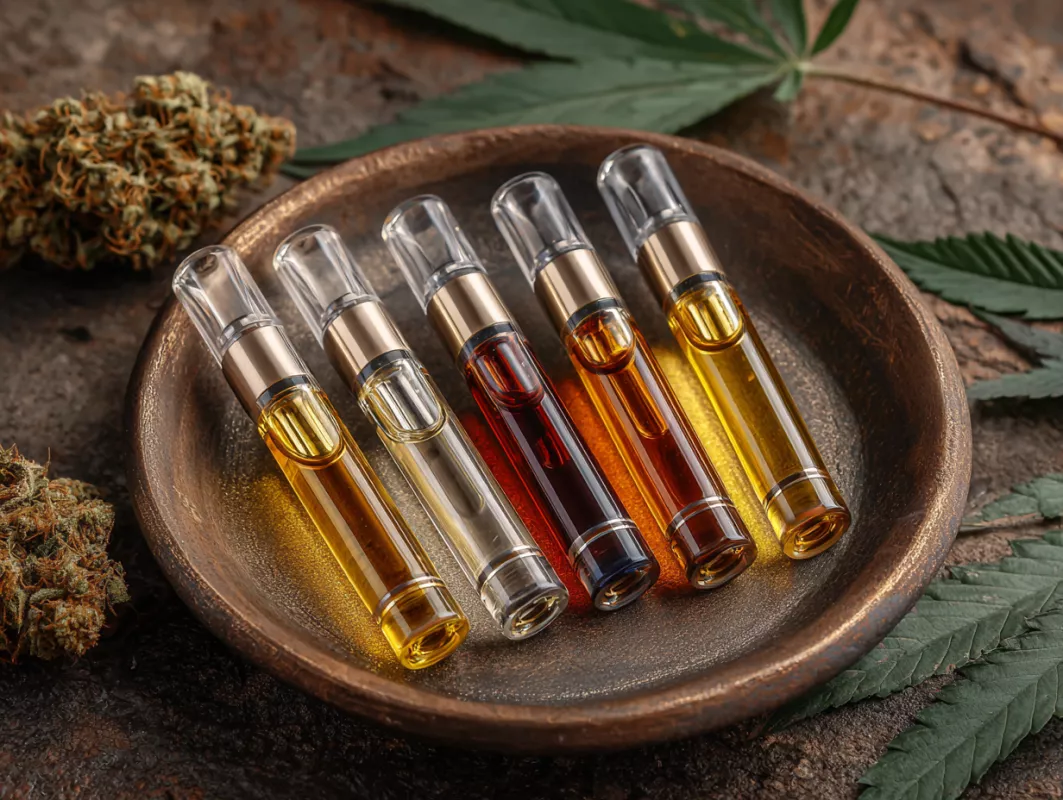 Assorted cannabis oil vials with buds and leaves on a rustic wooden dish.