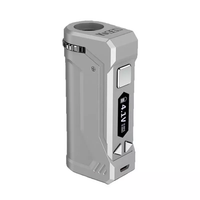 Modern compact vape mod with display screen, buttons, cylindrical opening, and charging port.