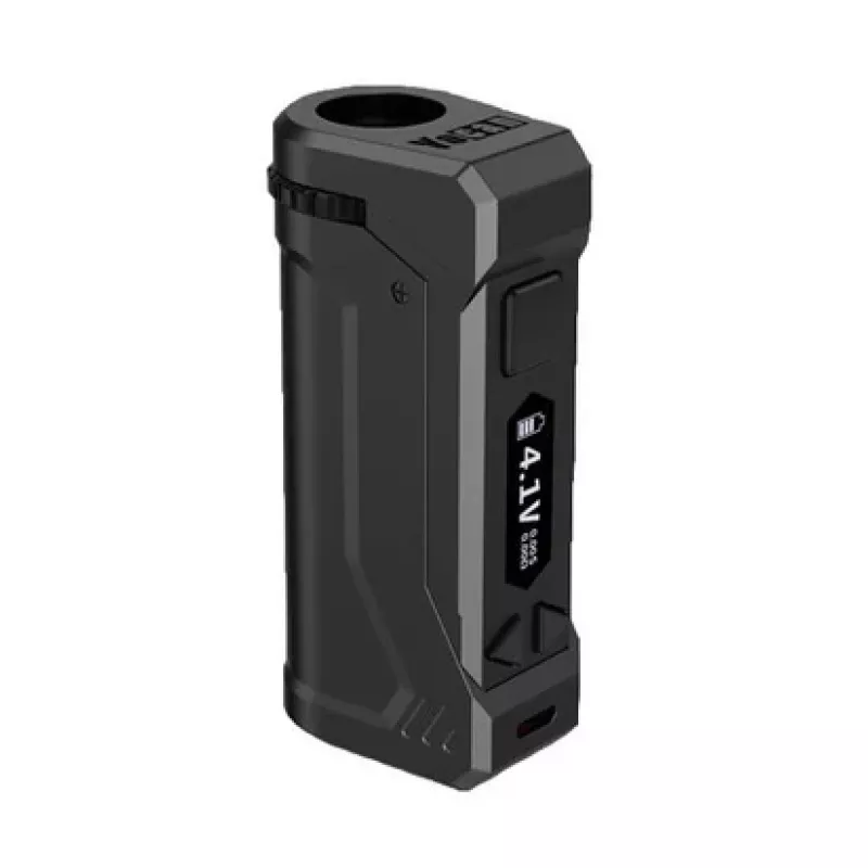 Sleek portable electronic device with ergonomic design, digital display, tactile button, and charging port.