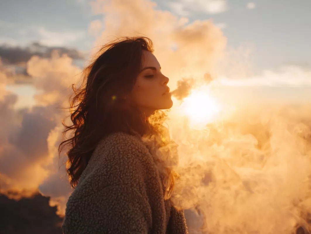 Silhouette of a person contemplating sunset with golden clouds and vibrant sky colors.