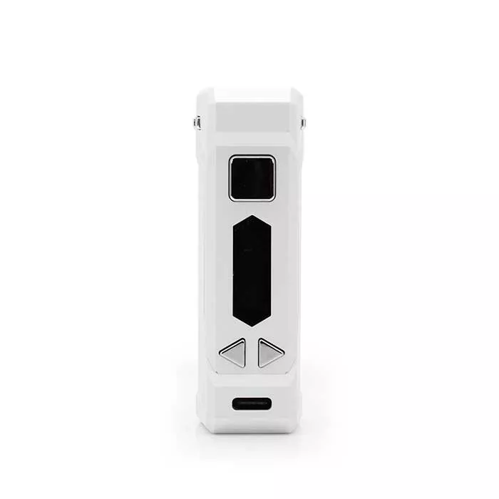 Sleek white electronic device with black screen, silver buttons, and charging port; modern and portable.