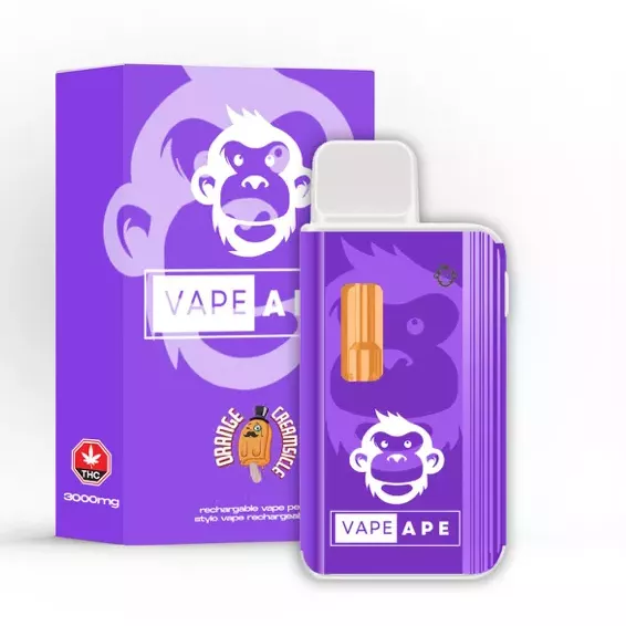 Vape Ape Orange Creamsicle THC vape, 3000mg, purple packaging with ape graphic.