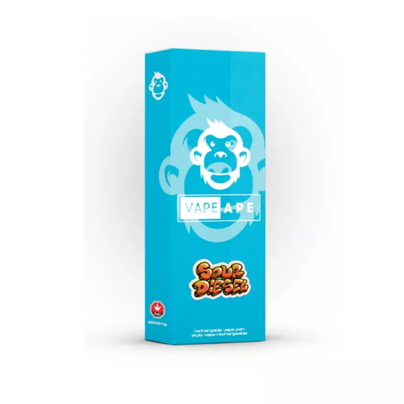 Bright turquoise box with Vape Ape branding and Sour Diesel cannabis product.