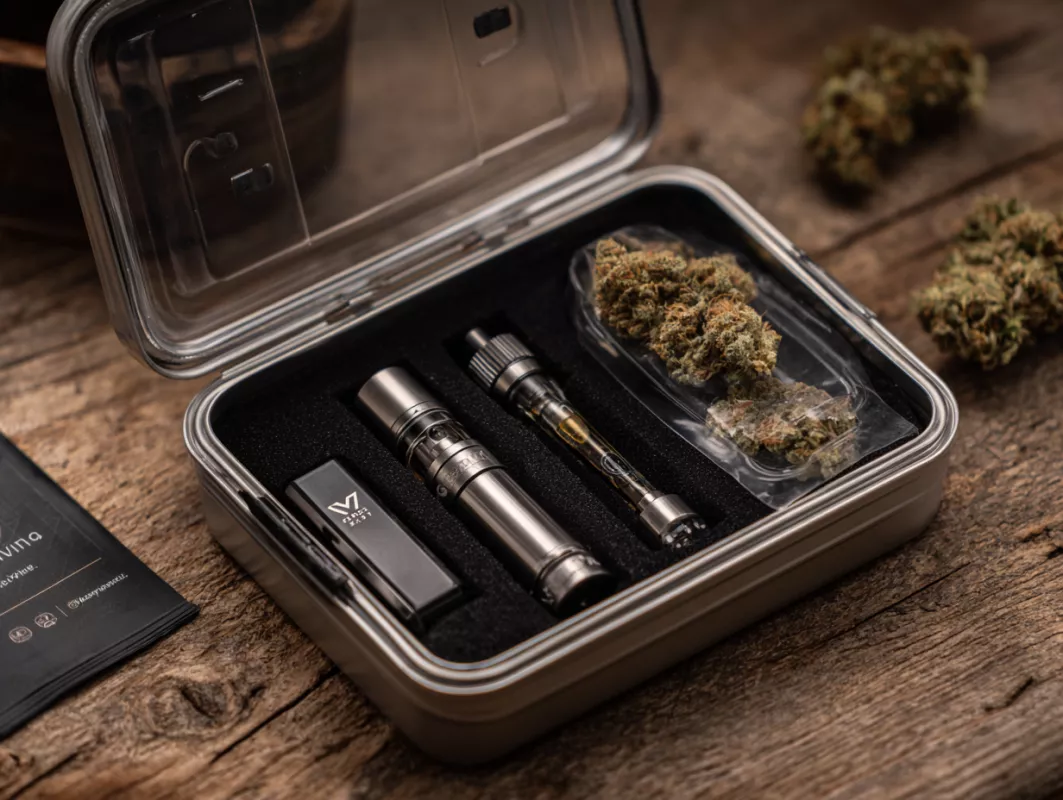 Vaporizer kit with cannabis, cartridge, charger, and buds on a wooden surface.