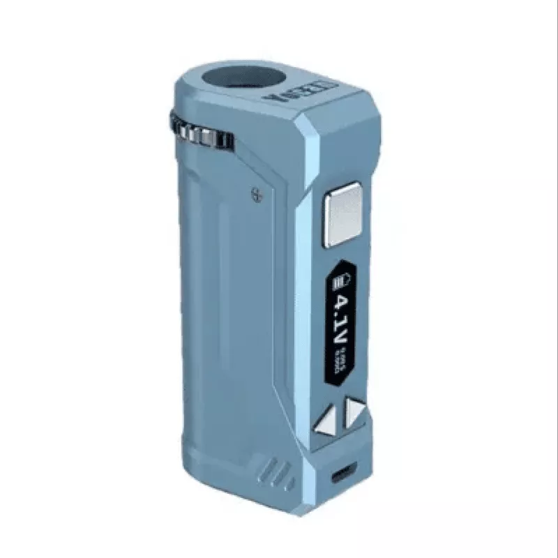 Compact blue vape device with screen, buttons, adjustable settings, charging port, and sleek design.