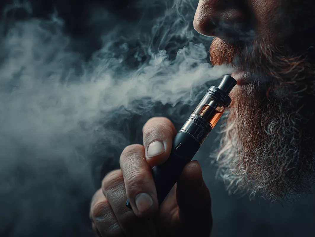 Close-up of bearded man exhaling vapor, highlighting vape device and swirling smoke.