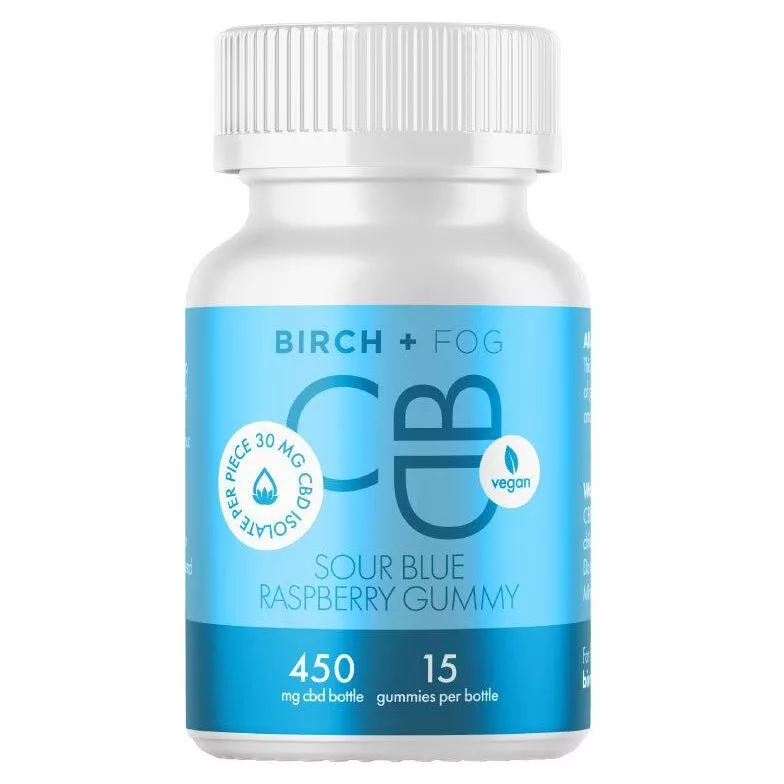 Birch + Fog vegan CBD sour blue raspberry gummies with 30mg per piece.
