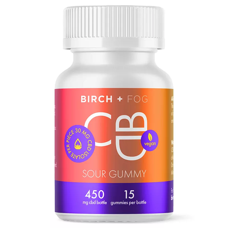 Vegan CBD Sour Gummies by Birch + Fog, 30mg each, 450mg total, 15-count bottle.