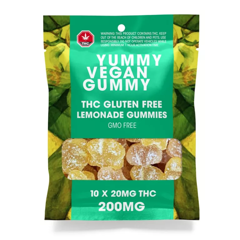 Lemonade-flavored THC vegan gummies, 200mg, gluten-free and GMO-free, green packaging.