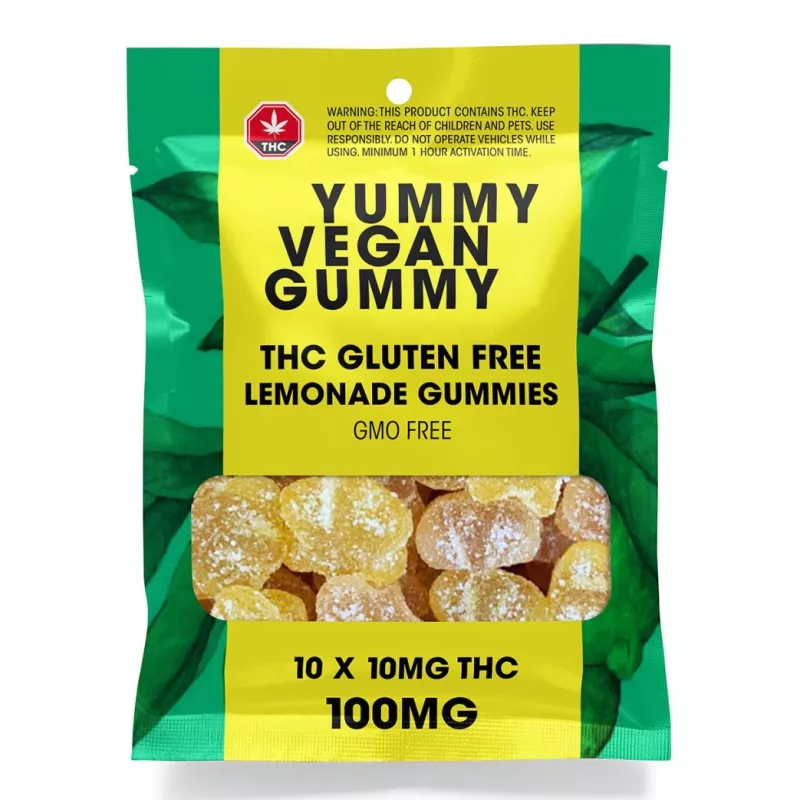 Yummy Vegan THC Lemonade Gummies, 100mg total, gluten-free, sugar-coated, bright green packaging.