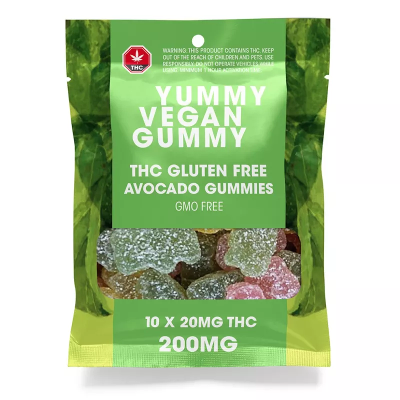 Vegan THC gummies in green package with dosage and health info.