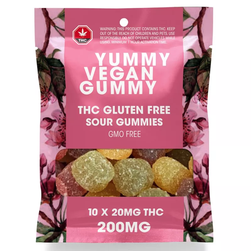 Vegan THC gummies package with dosage and safety warnings.