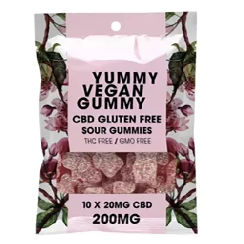 Yummy Vegan CBD Gummies: Sour, Gluten-Free, THC-Free, GMO-Free, 20mg each, Floral Packaging.