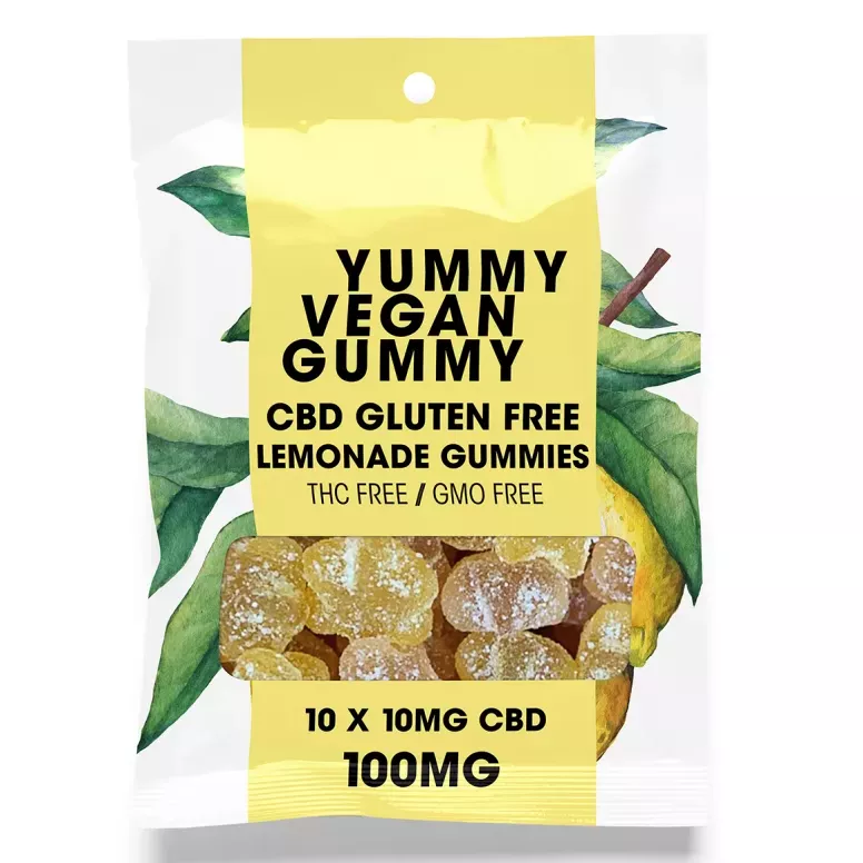 Vegan CBD lemonade gummies, gluten-free, THC-free, GMO-free, 10mg each, yellow packaging.