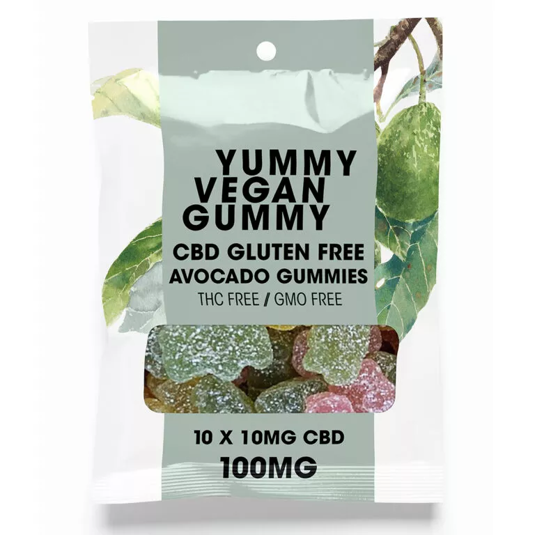 Vegan CBD avocado gummies, gluten-free, THC-free, GMO-free, 10mg each, colorful and sugar-coated.