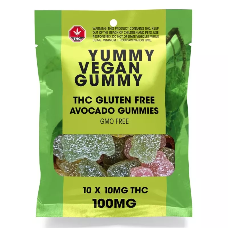 Vegan THC avocado gummies package with dosage and safety warnings.