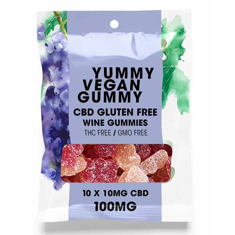 Vegan CBD wine gummies, THC-free, gluten-free, grape flavor.