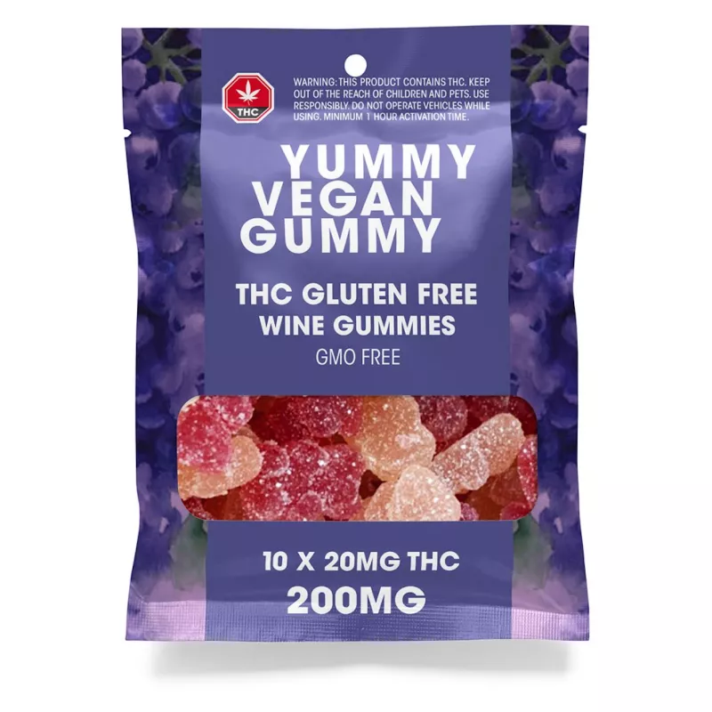 Yummy Vegan THC Wine Gummies package with dosage and gluten-free details.