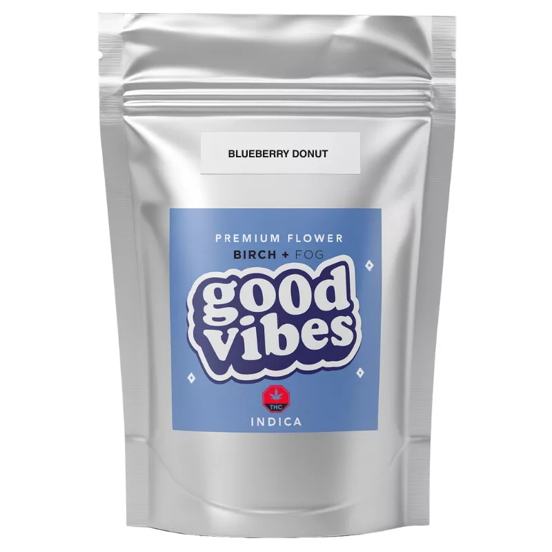 Silver pouch with blue label, good vibes, and blueberry donut text.
