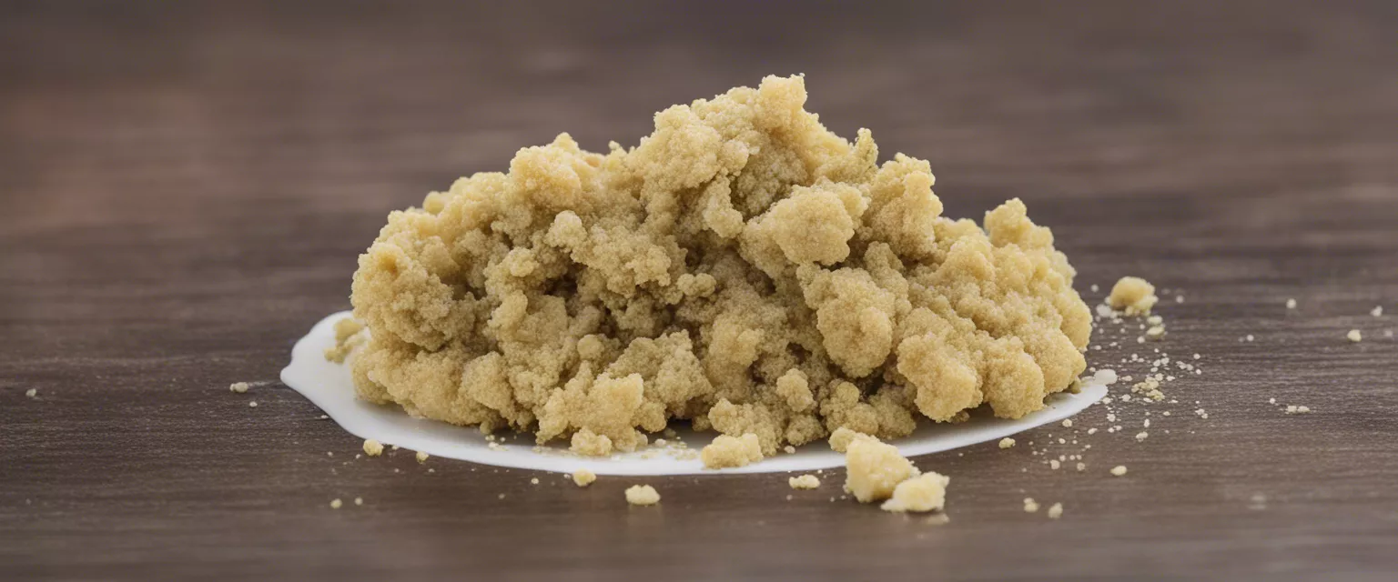 Heaped brown sugar crumble topping on dark wood surface.