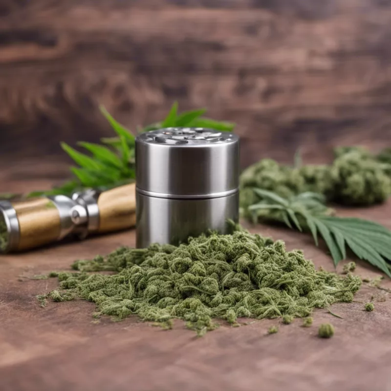 Cannabis accessories with grinder, bud, and vape pen on wooden surface.