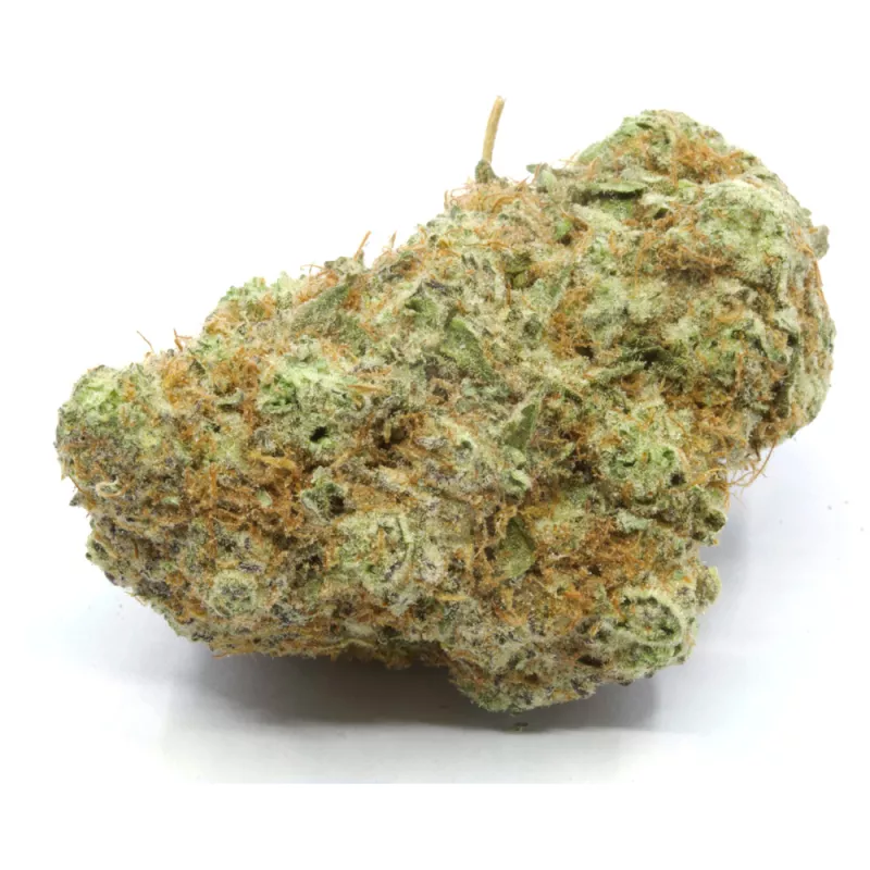 Close-up of mature, potent cannabis bud with frosty trichomes and vibrant colors.