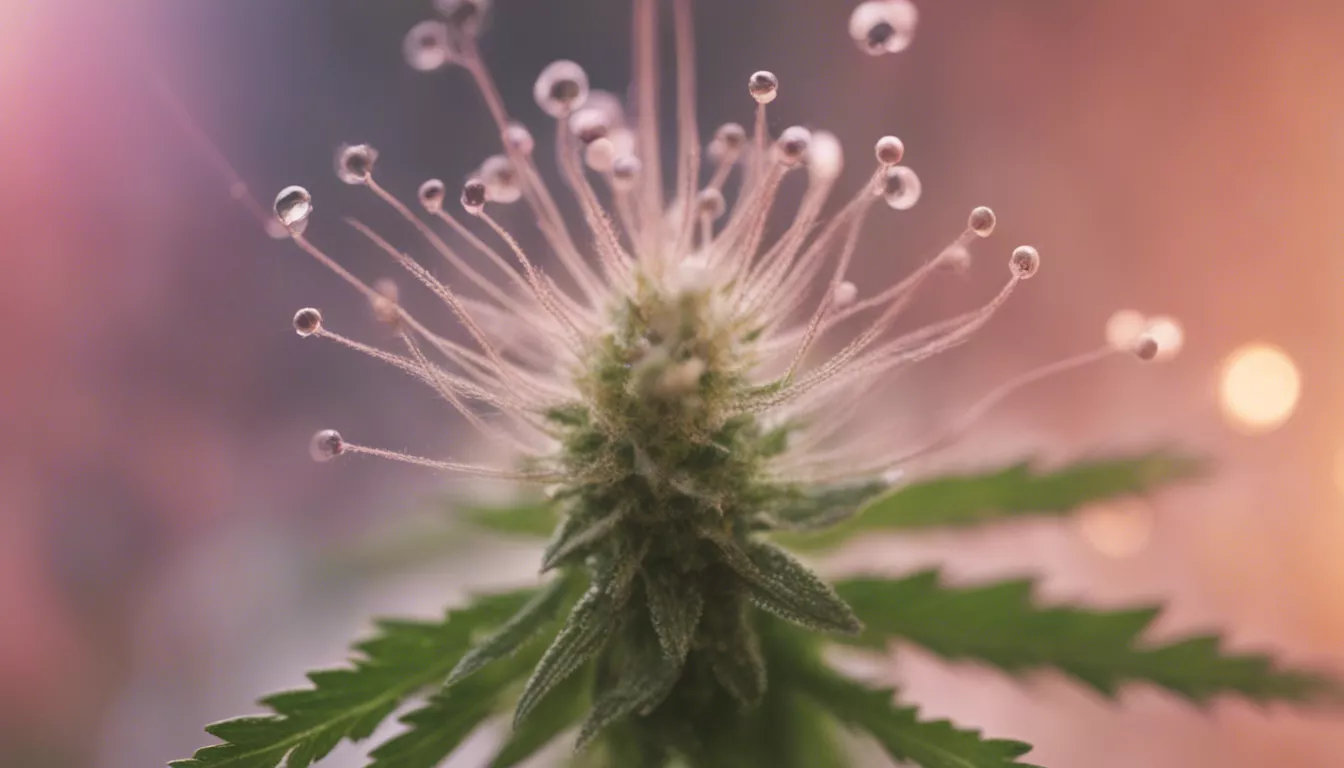 Close-up of a cannabis bud with detailed trichomes and resin glands.