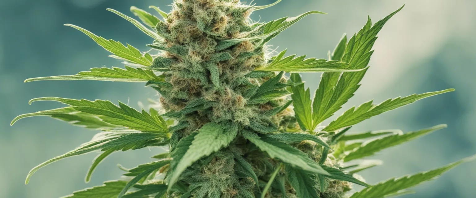 Close-up of mature cannabis bud with frosty trichomes and vibrant serrated leaves.