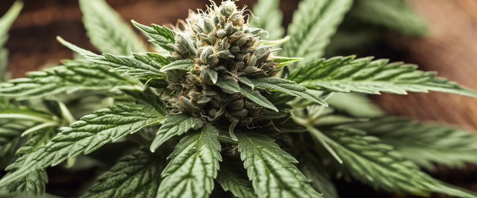 Close-up of a blooming cannabis bud with orange pistils and trichomes.