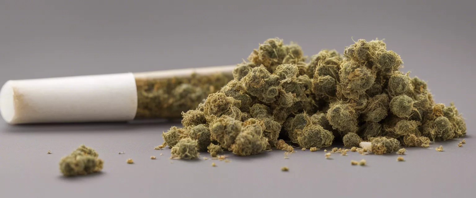 Close-up of cannabis buds and an untouched cigarette on gray background.