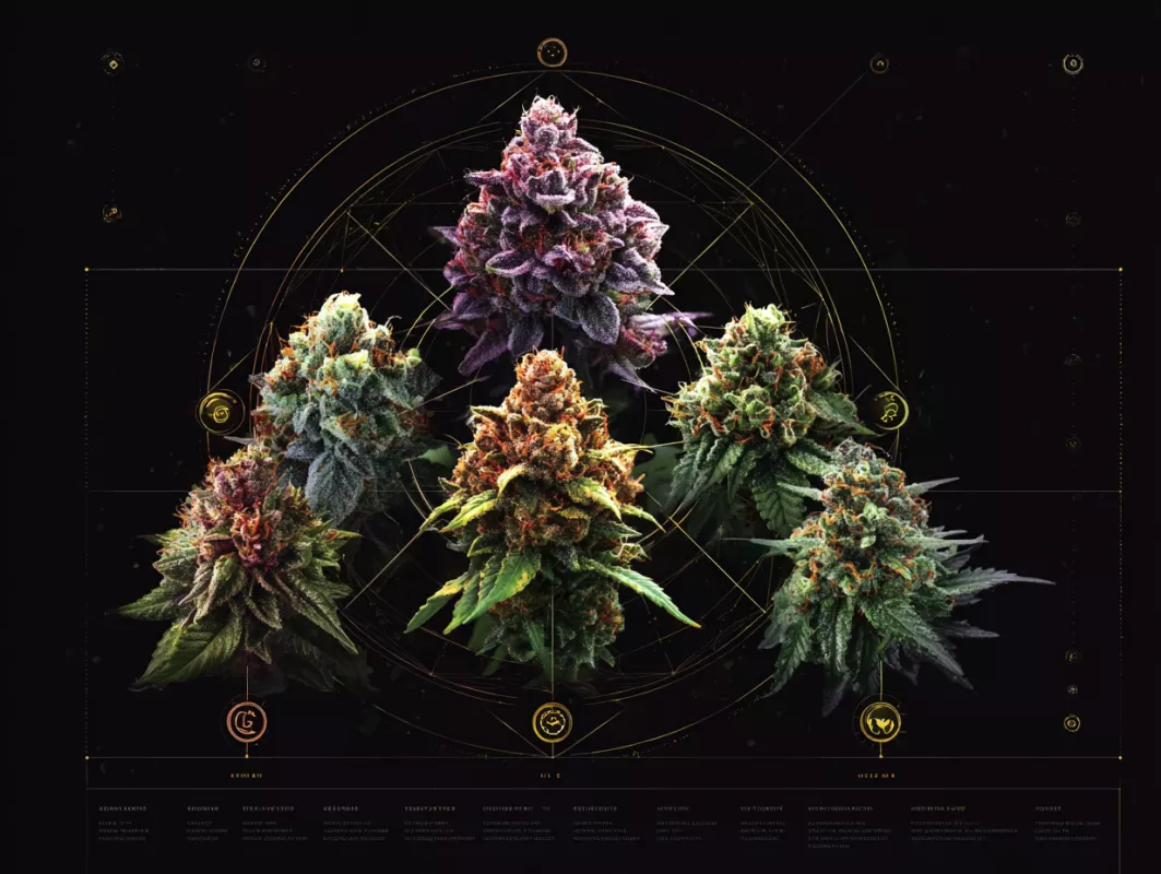 Cannabis buds in vibrant colors and textures on a dark background with geometric patterns.