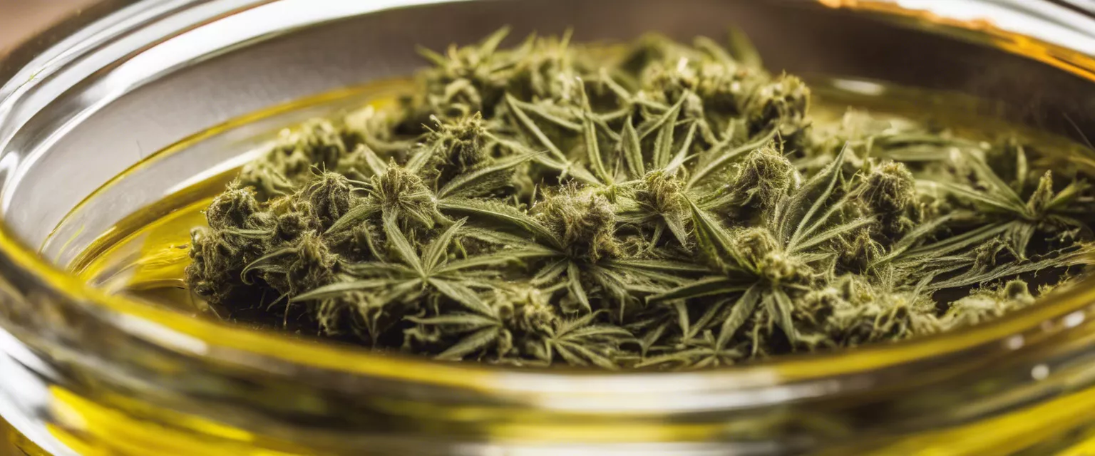 Close-up of potent cannabis buds with rich golden oil extract.