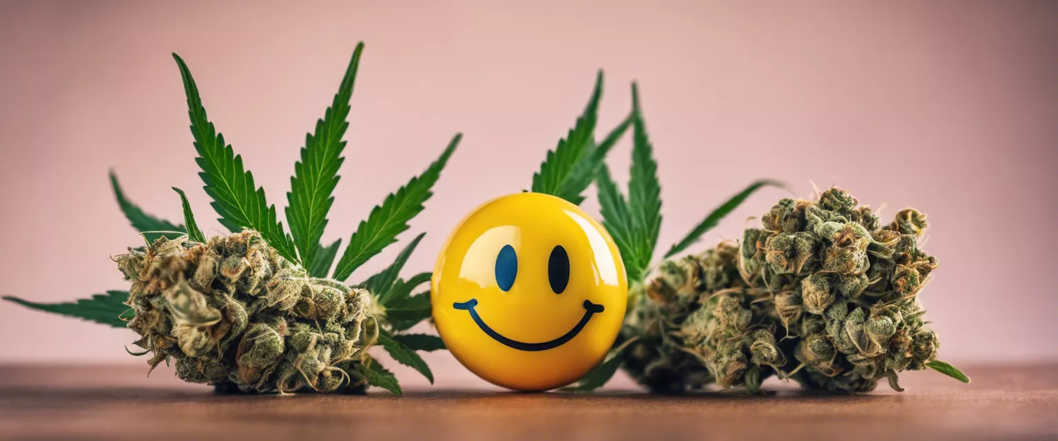 Cannabis buds and smiley face ball symbolize joy in recreational marijuana use.