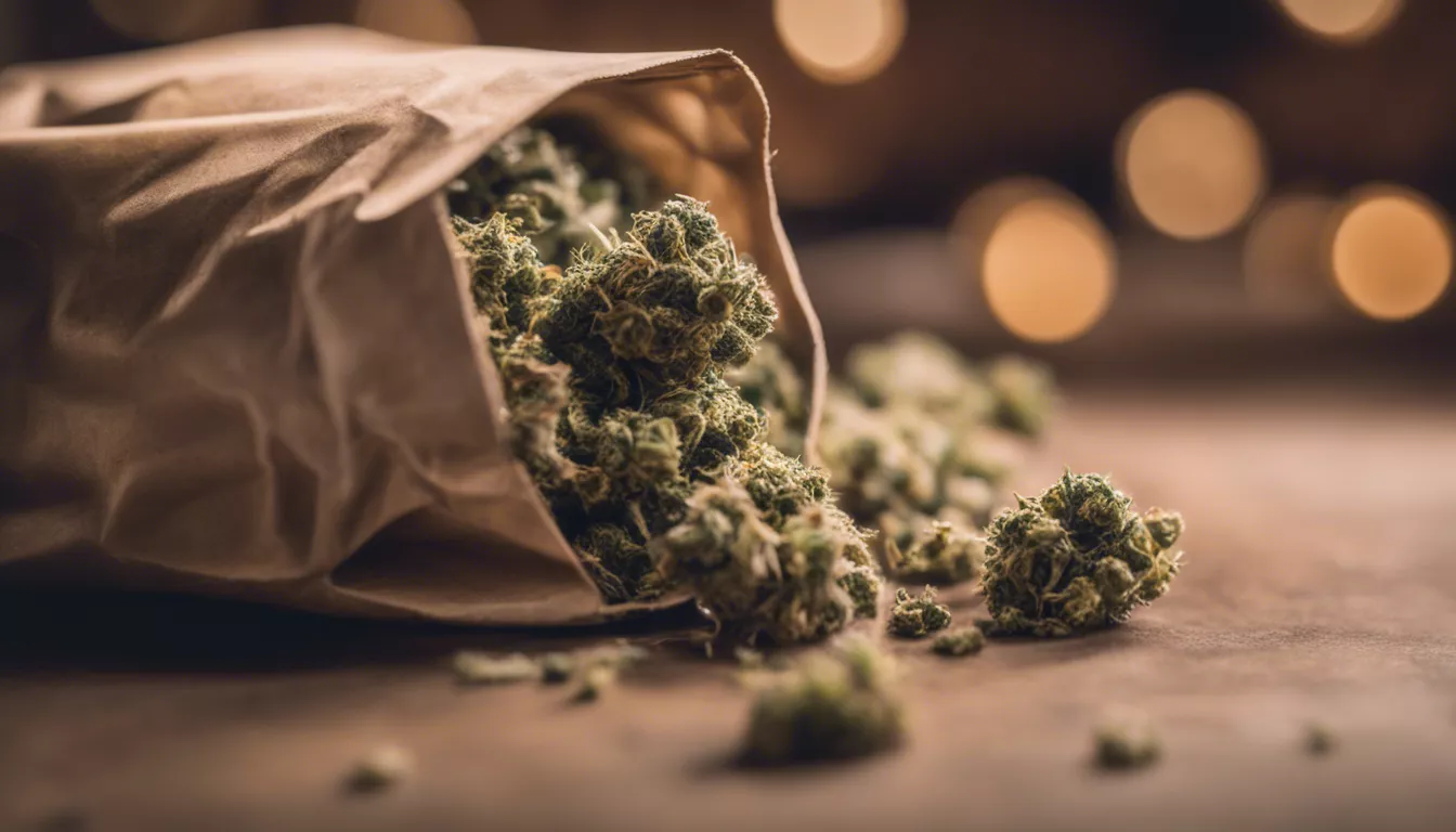 Cannabis buds spill from paper bag on blurred background.