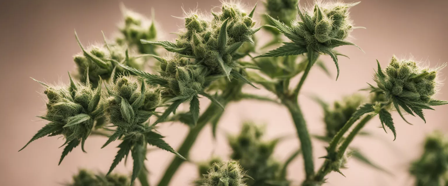 Close-up of cannabis buds with visible trichomes and serrated leaves.