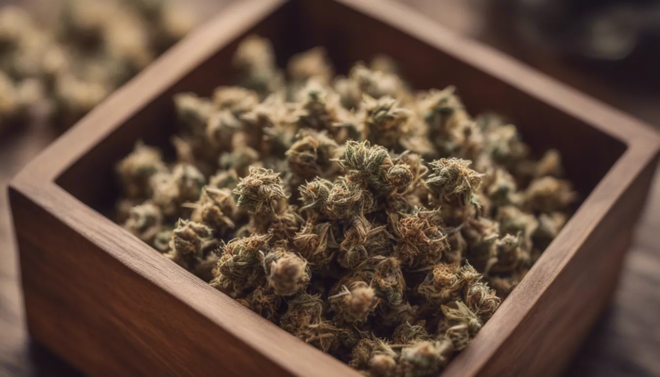 Top view of cannabis buds in a wooden star-shaped container.