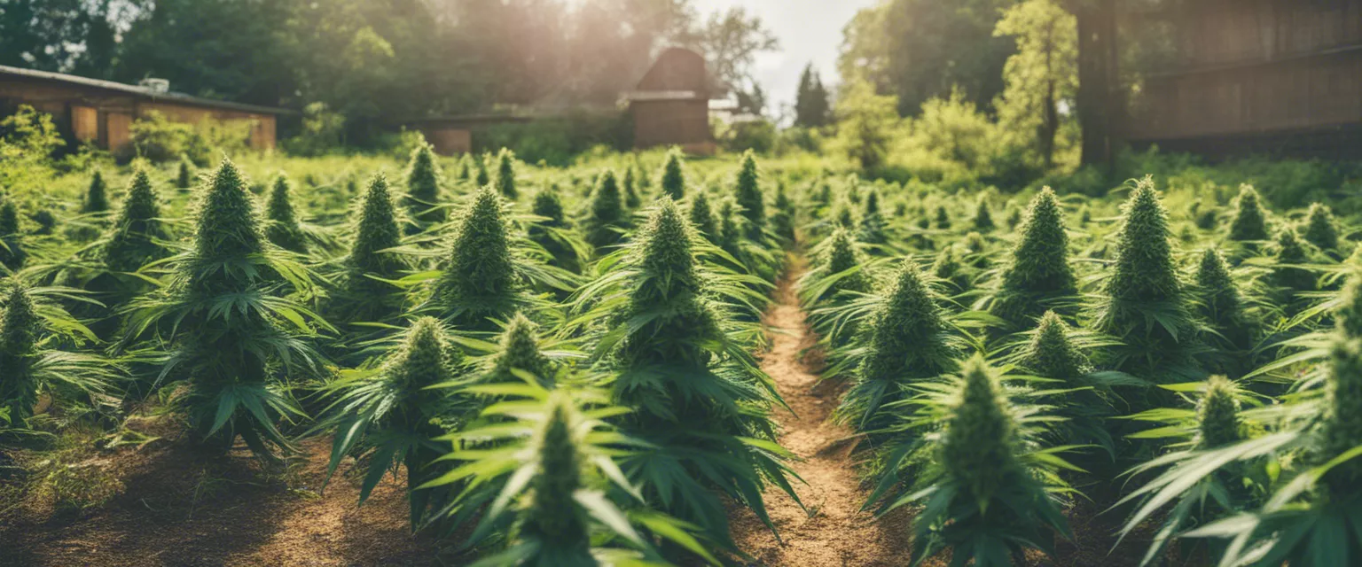 Sun-drenched cannabis farm with rows of mature plants ready for harvest.