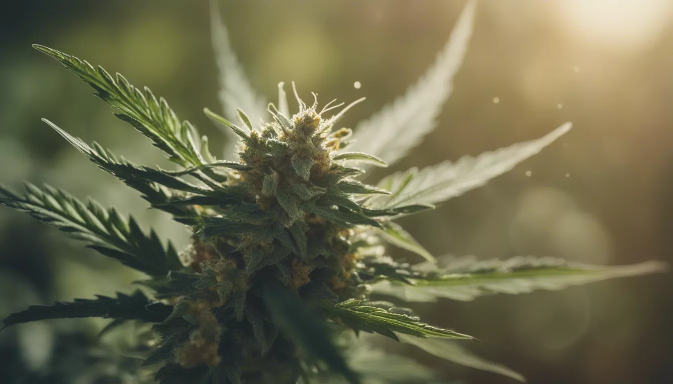 Close-up of cannabis flower and trichomes in golden hour light.