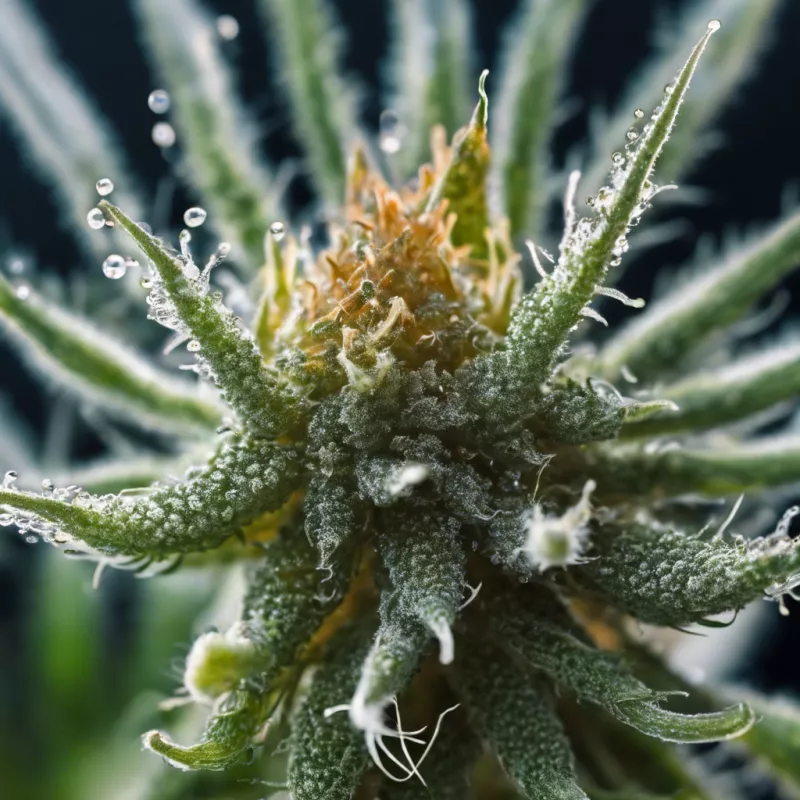 Close-up of glossy resin trichomes on a cannabis flower, indicating cannabinoid richness.