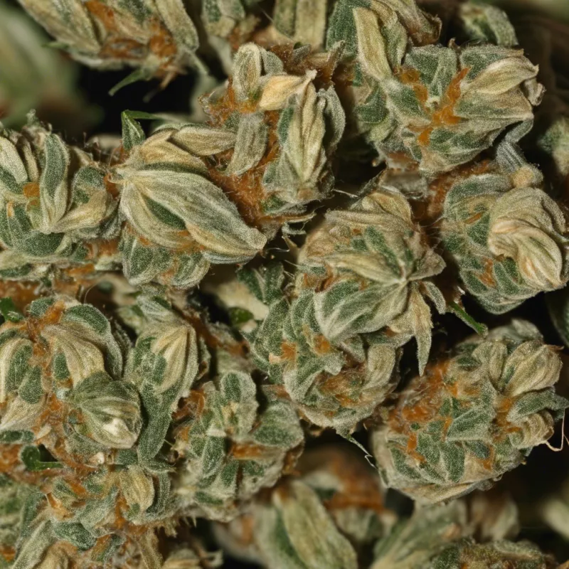 Close-up of trichome-rich Kush cannabis buds with green and brown hues.